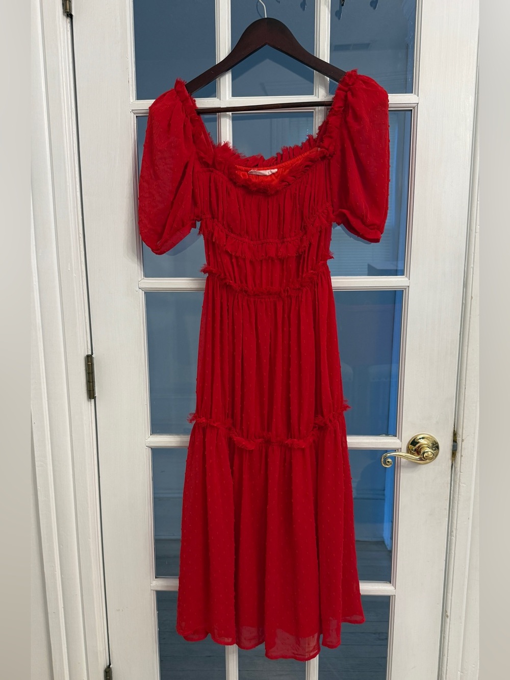 LANI THE LABEL Women’s Red Swiss Dot Puff Sleeve Ruffle Midi Dress XS